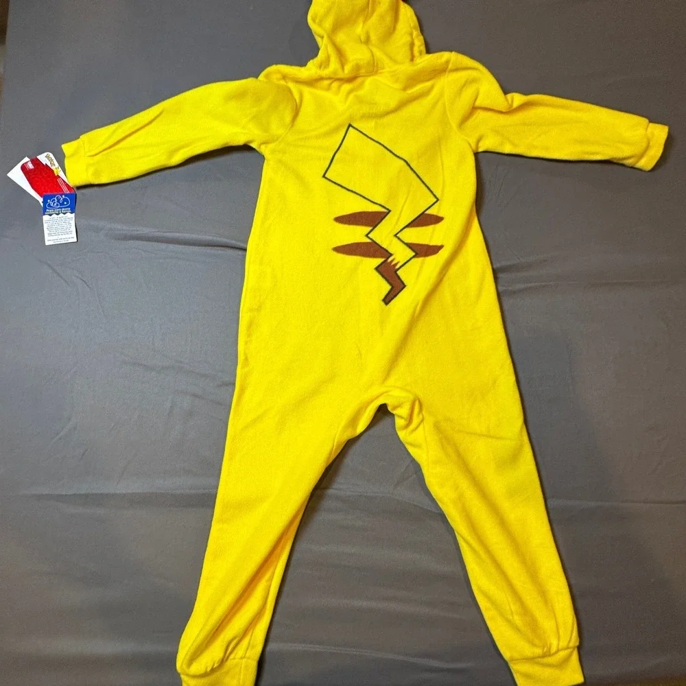 Pokemon Pikachu Kids Fleece Hooded One Piece Pajamas Yellow XS 4/5 NWT‎